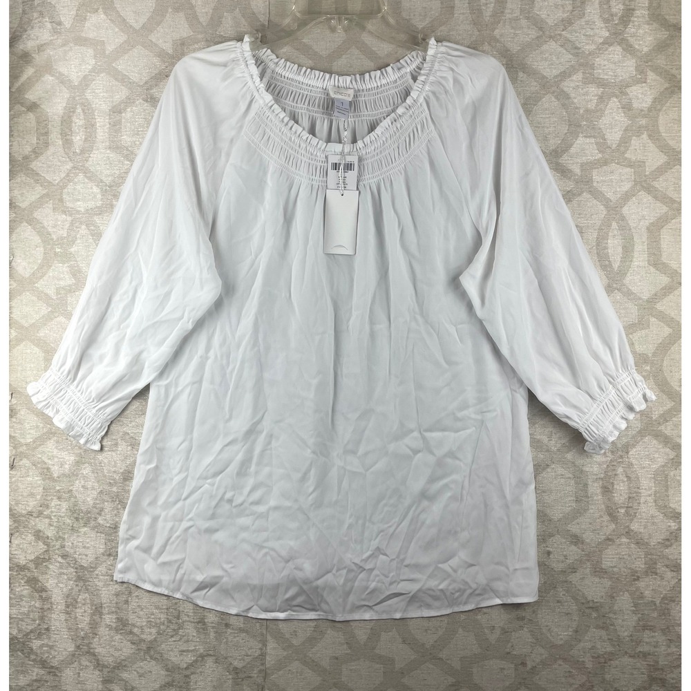 Chico's Soft Ease Monica Top Women 1 M White NEW Smocked 3/4 Sleeve Blouse Poly